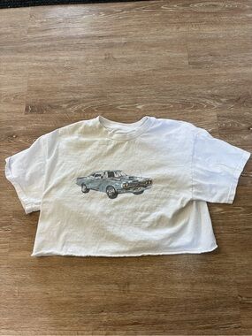 Brandy Melville White Cropped Tee with Vintage Car Graphic